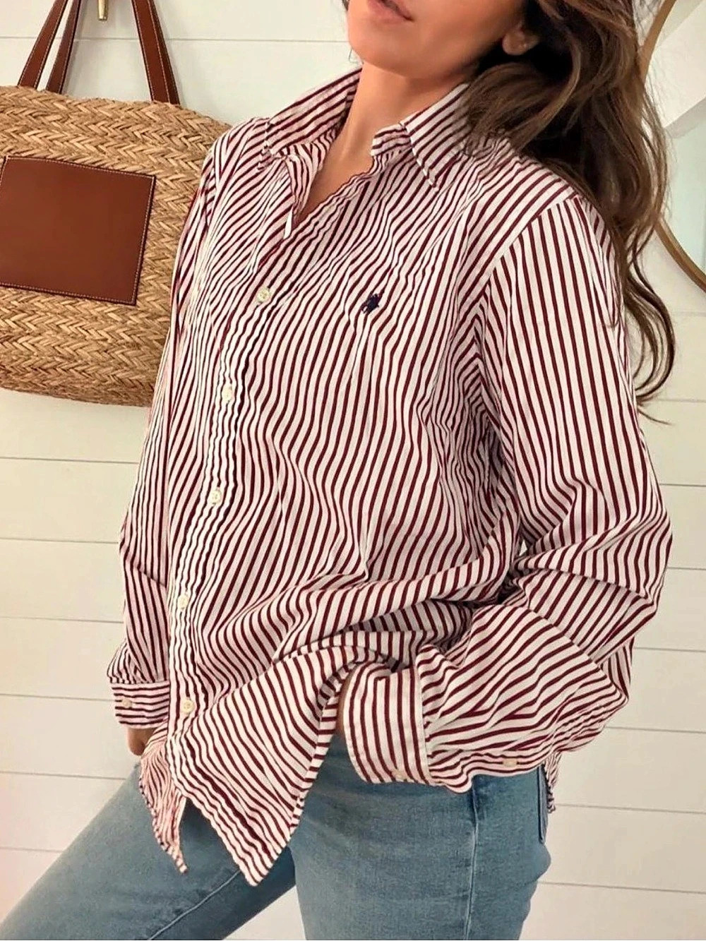Polo Ralph Lauren Burgundy Maroon Stripe Oxford Shirt Men’s Large Classic Fit - Picture 3 of 7